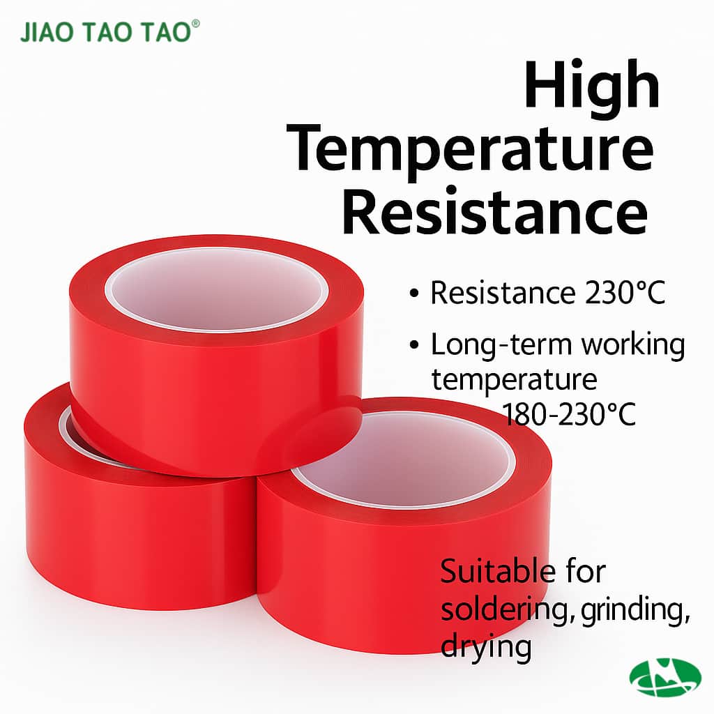 Red polyester masking tape roll showing PET film backing and acrylic adhesive for powder coating warning marking